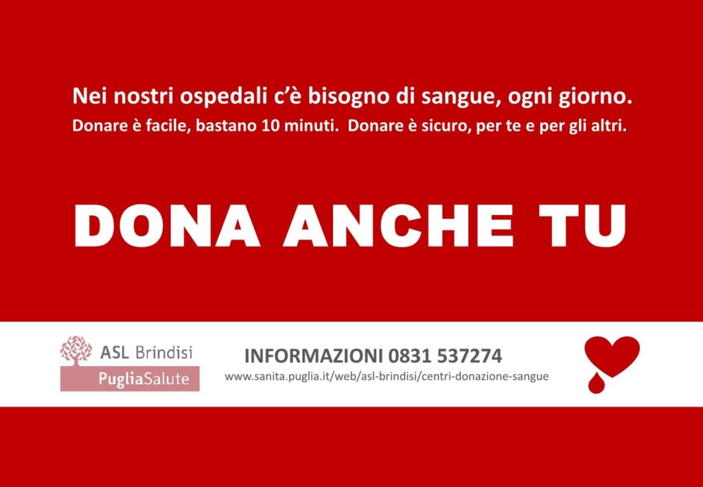 Asl Brindisi, emergenza sangue: dove si può donare dal 31 luglio al 3 agosto