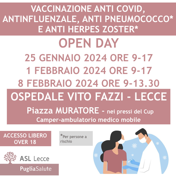 ASL Lecce: Open Day Vaccino Anti-Covid, Antinfluenzale, Antipneumococco e Anti-Herpes Zoster presso il PO Fazzi